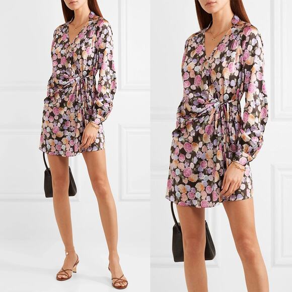 ART DEALER NWT Margot Ruched Floral Print Satin Wrap Mini Dress Size L - Picture 7 of 16